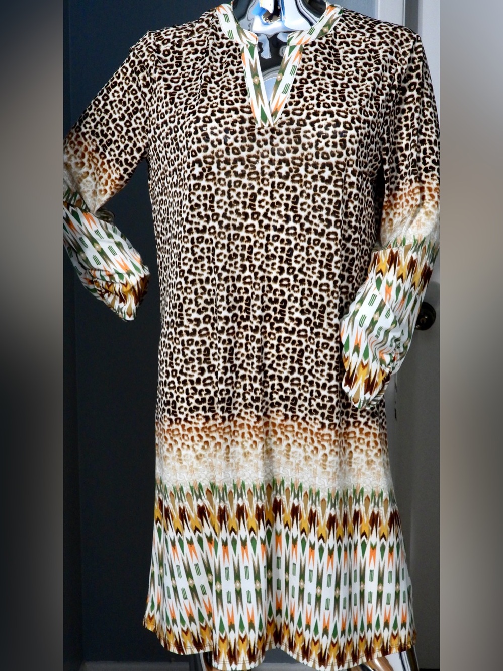 new directions Leopard Print Long Sleeve Dress in Brown, White and Green Accent